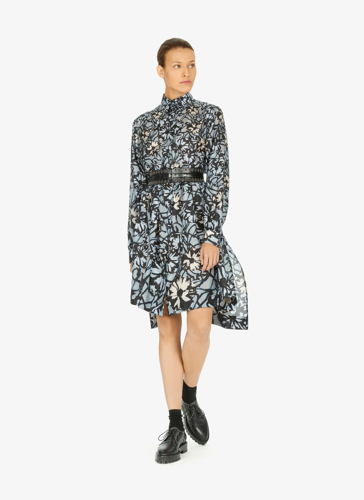 Printed habotai silk shirt-dress  ALAÏA BLACK/BLUE PRINTED HABOTAI SILK SHIRT-DRESS